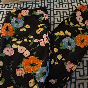 Moschino Black Floral Print Pants with Orange, Blue, Pink & Yellow Flowers